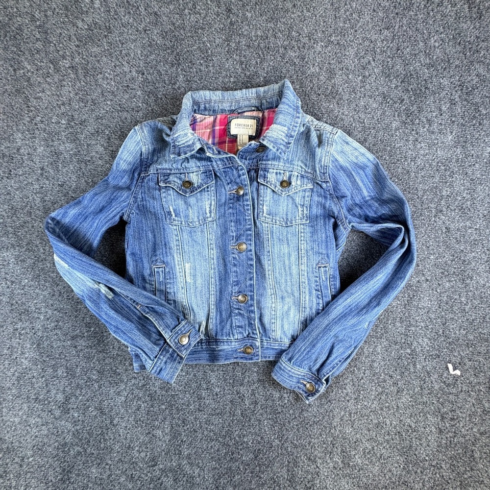 Forever‎ 21 Premium Trucker Jacket Womens Medium Blue Denim Cotton Button Front